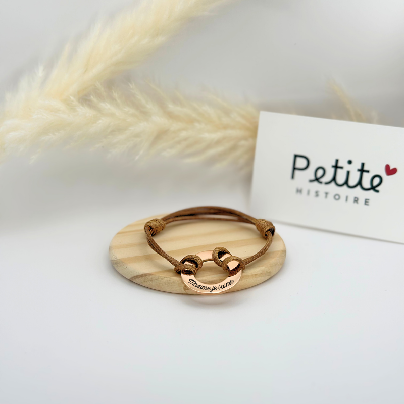Bracelet personnalisé – Cible 15 mm – Or rose – Cordon Marron