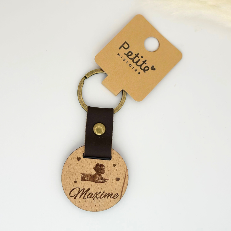 Porte-clés rond en cuir marron