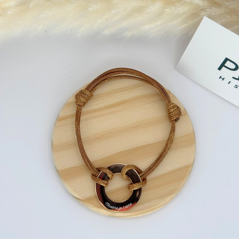 Bracelet personnalisé – Cible 15 mm – Or rose – Cordon Marron