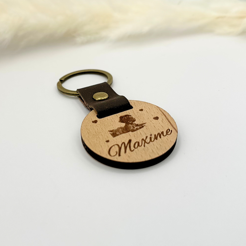 Porte-clés rond en cuir marron